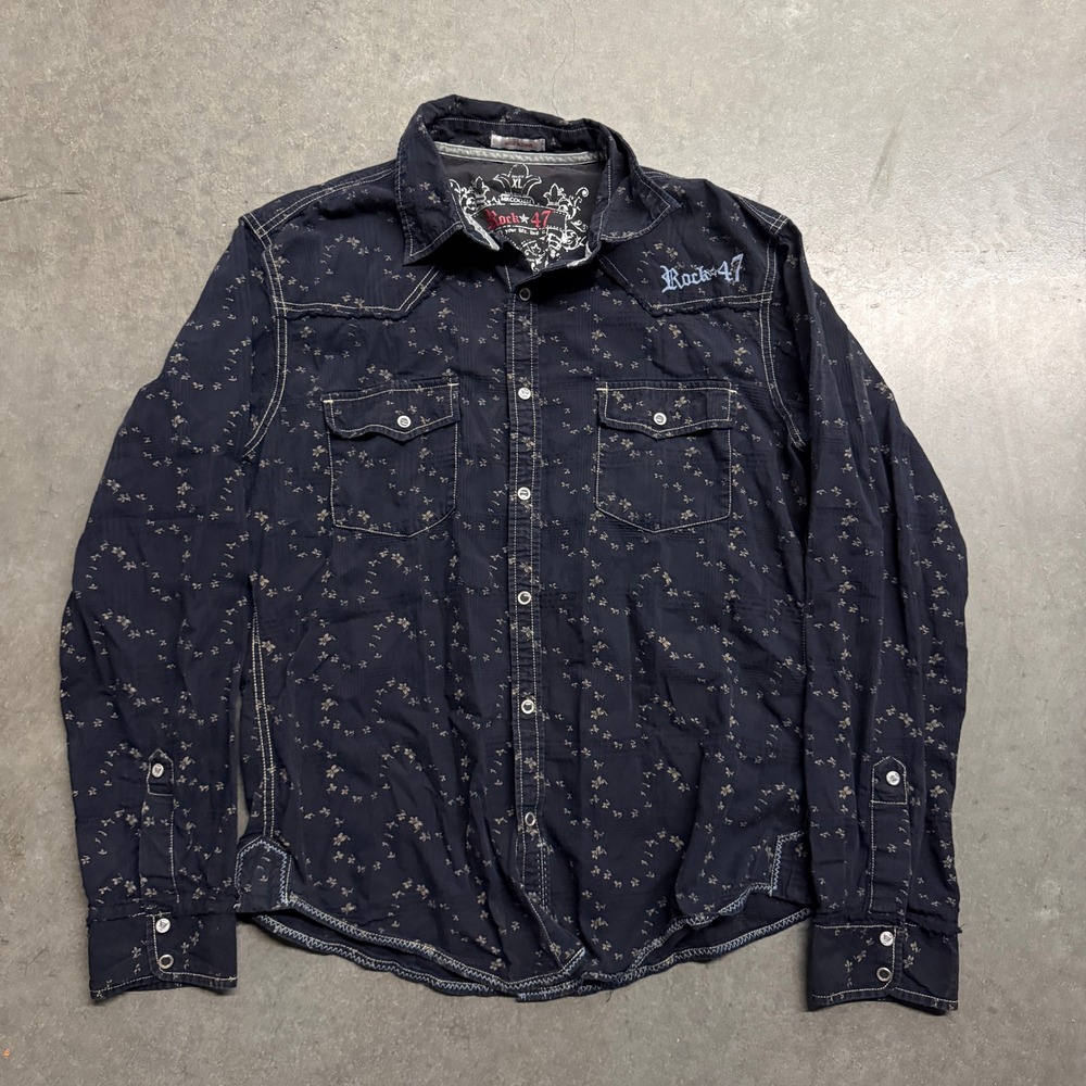 Rock 47 by Wrangler Mens XL Navy Blue Floral Western Pearl Snap LS Shirt